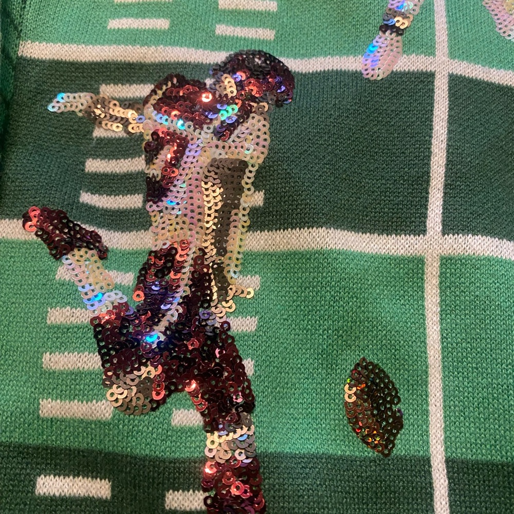 QUEEN OF SPARKLES Green Sequin Football Touchdown Cardigan - Picture 10 of 16